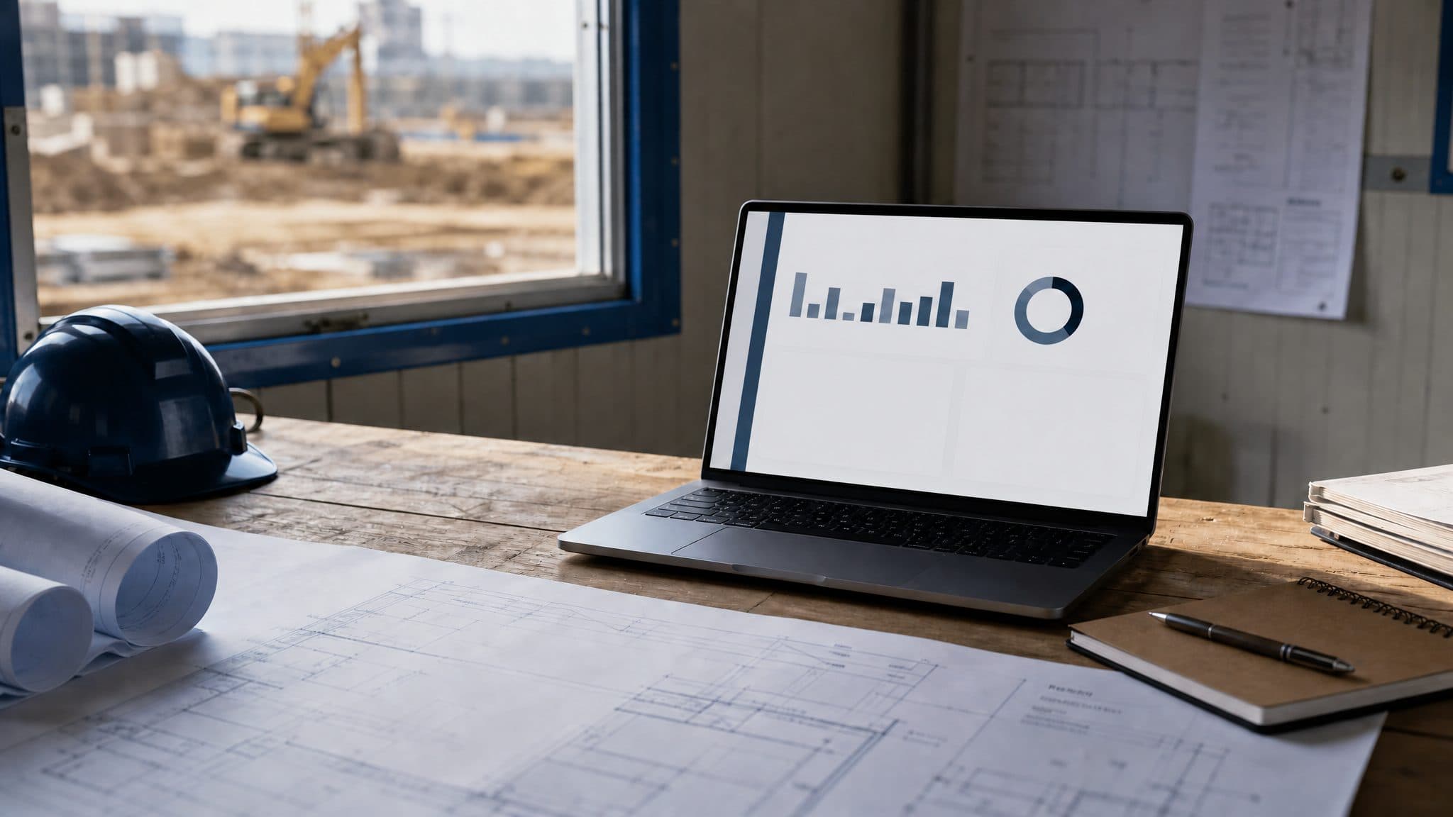 A desk in a construction site office with blueprints and a laptop showing a bookkeeping dashboard