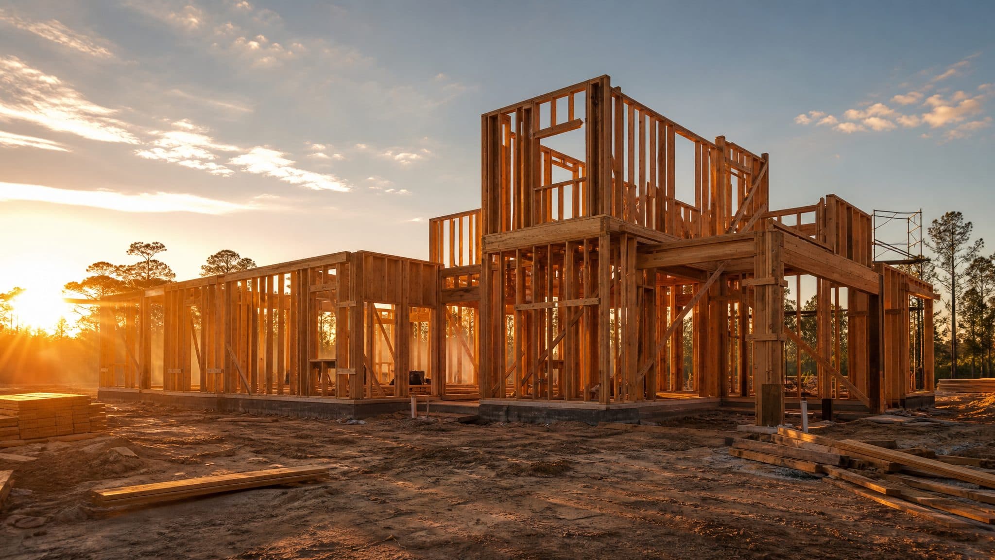 A residential home under construction at sunrise